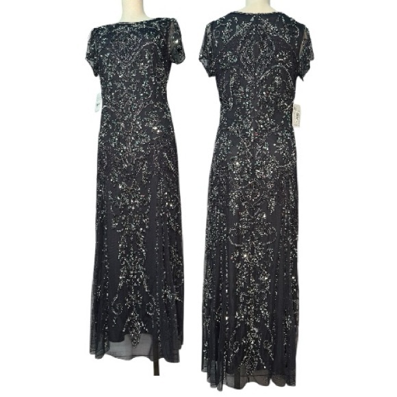 Pisarro Nights Beaded Mesh Column Gown Size 8 Slate Gray Beaded‎ Sequins NWT - Picture 4 of 17